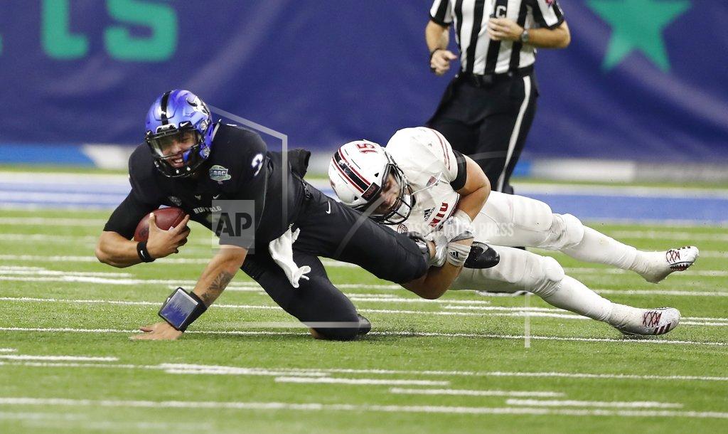 Carlos Osorio Buffalo quarterback Tyree Jackson (3) is sacked by Northern Illinois defensive end Sutton Smith during the second half of the Mid-American Conference championship NCAA college football game, Friday, Nov. 30, 2018, in Detroit. (AP Photo/Carlos Osorio)