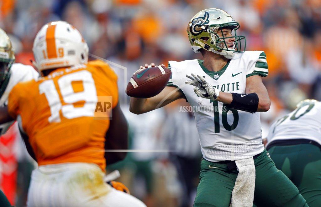 Wade Payne Charlotte quarterback Evan Shirreffs (16) throws to a receiver in the second half of an NCAA college football game against Tennessee Saturday, Nov. 3, 2018, in Knoxville, Tenn. Tennessee won 14-3. (AP Photo/Wade Payne)