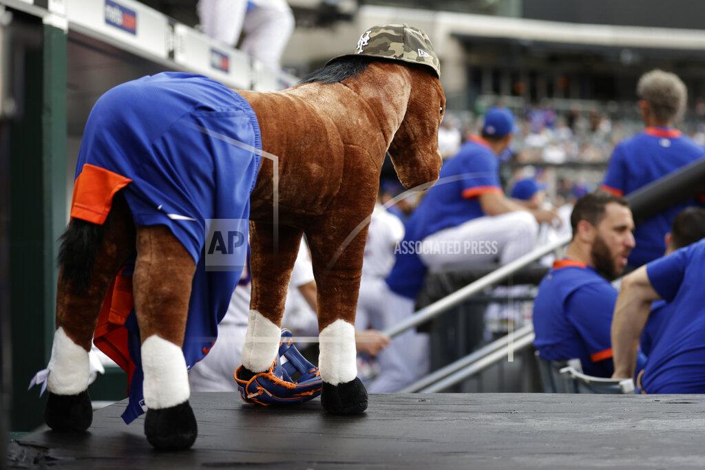 Adam Hunger A stuffed horse dressed in New York Mets paraphernalia stands in the dugout before the Mets' baseball game against the Toronto Blue Jays, Friday, July 23, 2021, in New York. (AP Photo/Adam Hunger)