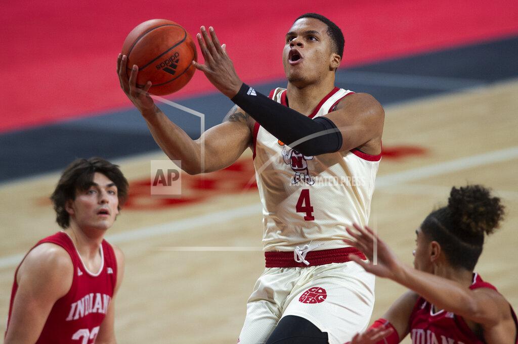 Kenneth Ferriera Nebraska's Shamiel Stevenson makes a layup in the first half of an NCAA college basketball game on Sunday, Jan. 10, 2021. (Kenneth Ferriera/Lincoln Journal Star via AP)