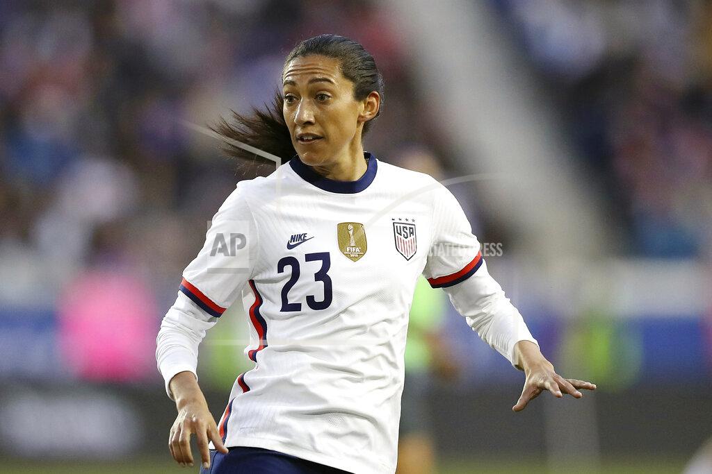 Steve Luciano FILE - In this March 8, 2020, file photo, United States forward Christen Press (23) looks for a pass during the second half of a SheBelieves Cup soccer match against Spain, in Harrison, N.J. U.S. national team players Megan Rapinoe, Tobin Heath and Christen Press have opted out of the National Women's Soccer League tournament kicking off this weekend in Utah. Heath and Press, who played with Rapinoe on the champion World Cup team last summer in France, cited concerns about the coronavirus for their decisions not to play. (AP Photo/Steve Luciano, File)