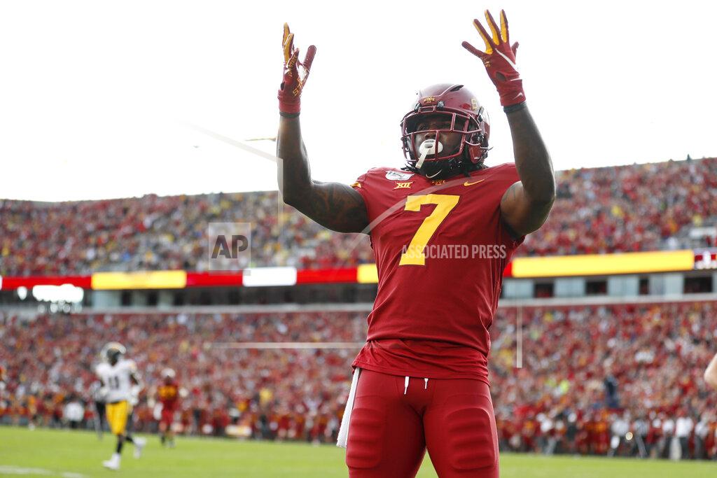 Charlie Neibergall Iowa State wide receiver La'Michael Pettway celebrates after catching a 51-yard touchdown pass during the first half of an NCAA college football game against Iowa, Saturday, Sept. 14, 2019, in Ames, Iowa. (AP Photo/Charlie Neibergall)