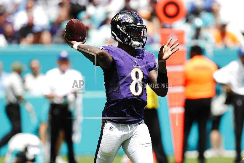 Brynn Anderson Baltimore Ravens quarterback Lamar Jackson (8) looks to pass, during the first half at an NFL football game against the Miami Dolphins, Sunday, Sept. 8, 2019, in Miami Gardens, Fla. (AP Photo/Brynn Anderson)