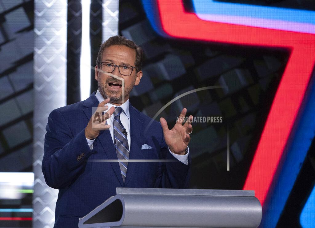Justin Tang Bloc leader Yves-Francois Blanchet speaks during the federal election French-language leaders debate, Wednesday, Sept. 8, 2021, in Gatineau, Quebec. (Justin Tang/The Canadian Press via AP)