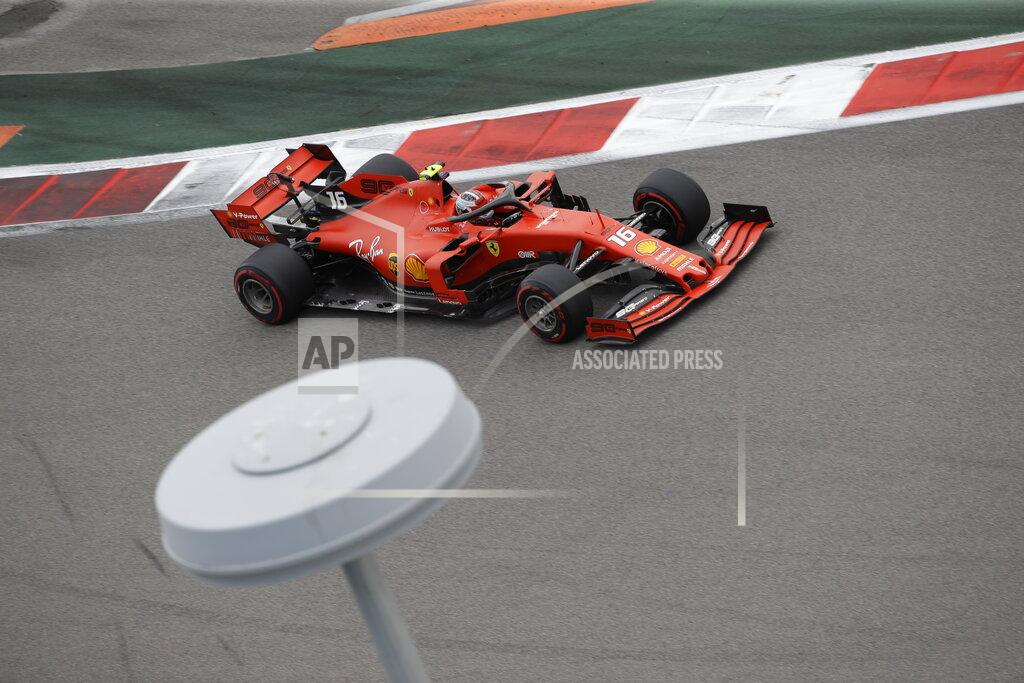 Luca Bruno Ferrari driver Charles Leclerc of Monaco steers his racer during the third free practice at the 'Sochi Autodrom' Formula One circuit, in Sochi, Russia, Saturday Sept. 28, 2019. The Formula one race will be held on Sunday. (AP Photo/Luca Bruno)
