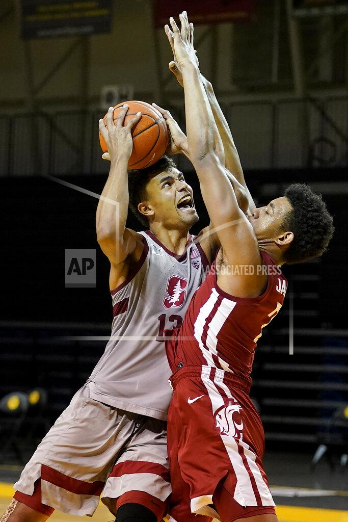 Jeff Chiu Stanford forward Oscar da Silva (13) shoots against Washington State center Dishon Jackson during the second half of an NCAA college basketball game in Santa Cruz, Calif., Saturday, Jan. 9, 2021. (AP Photo/Jeff Chiu)