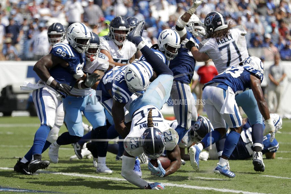 James Kenney Tennessee Titans running back Derrick Henry (22) dives into the end zone for a touchdown against the Indianapolis Colts in the second half of an NFL football game Sunday, Sept. 15, 2019, in Nashville, Tenn. (AP Photo/James Kenney)