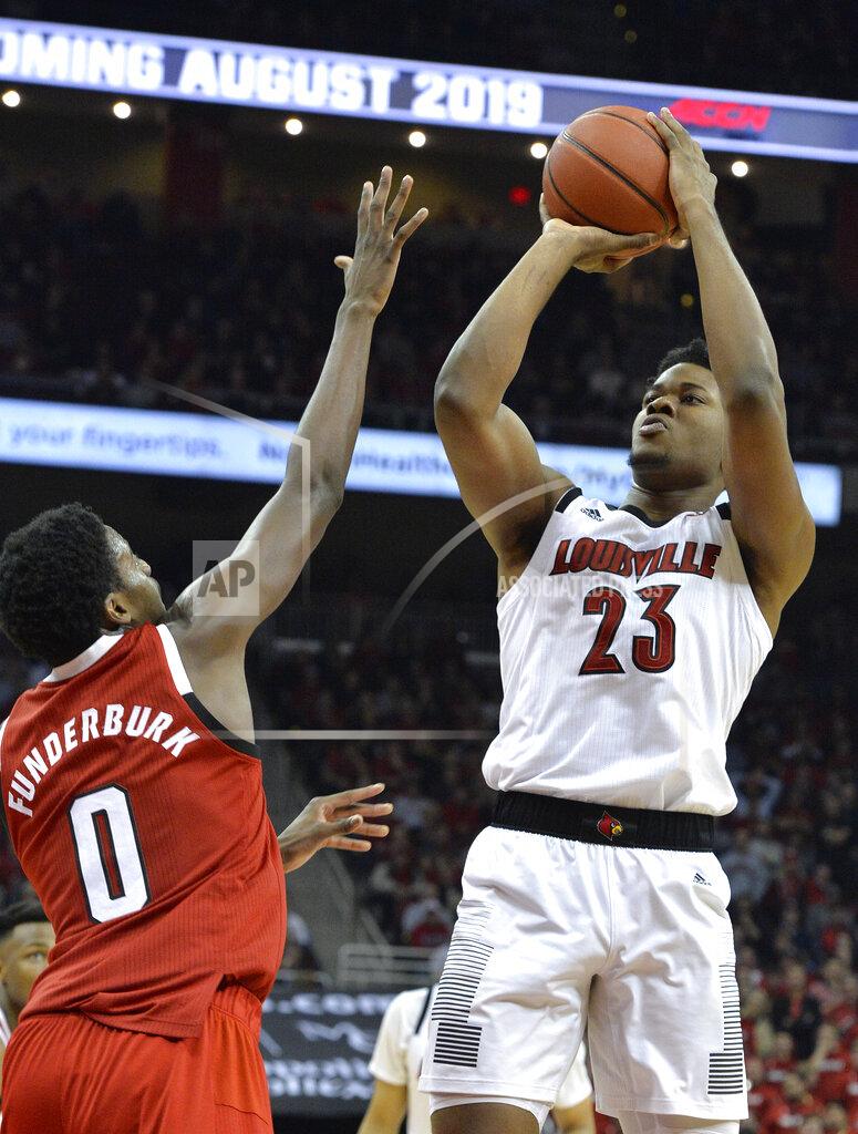 Timothy D. Easley Louisville center Steven Enoch (23) shoots over North Carolina State forward DJ Funderburk (0) during the second half of an NCAA college basketball game in Louisville, Ky., Thursday, Jan. 24, 2019. Louisville won 84-77. (AP Photo/Timothy D. Easley)