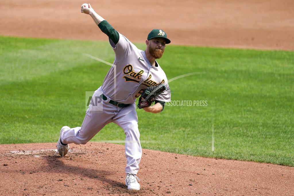 Charlie Riedel Oakland Athletics starting pitcher Paul Blackburn throws during the first inning of a baseball game against the Kansas City Royals Thursday, Sept. 16, 2021, in Kansas City, Mo. (AP Photo/Charlie Riedel)