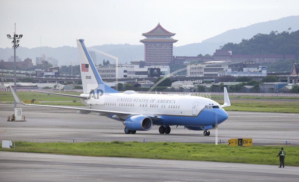 Chiang Ying-Ying A plane carrying U.S. Health and Human Services Secretary Alex Azar lands at Taipei Songshan Airport in Taipei, Taiwan, Sunday, Aug. 9, 2020. Azar arrived in Taiwan on Sunday in the highest-level visit by an American Cabinet official since the break in formal diplomatic relations between Washington and Taipei in 1979. (AP Photo/Chiang Ying-ying)