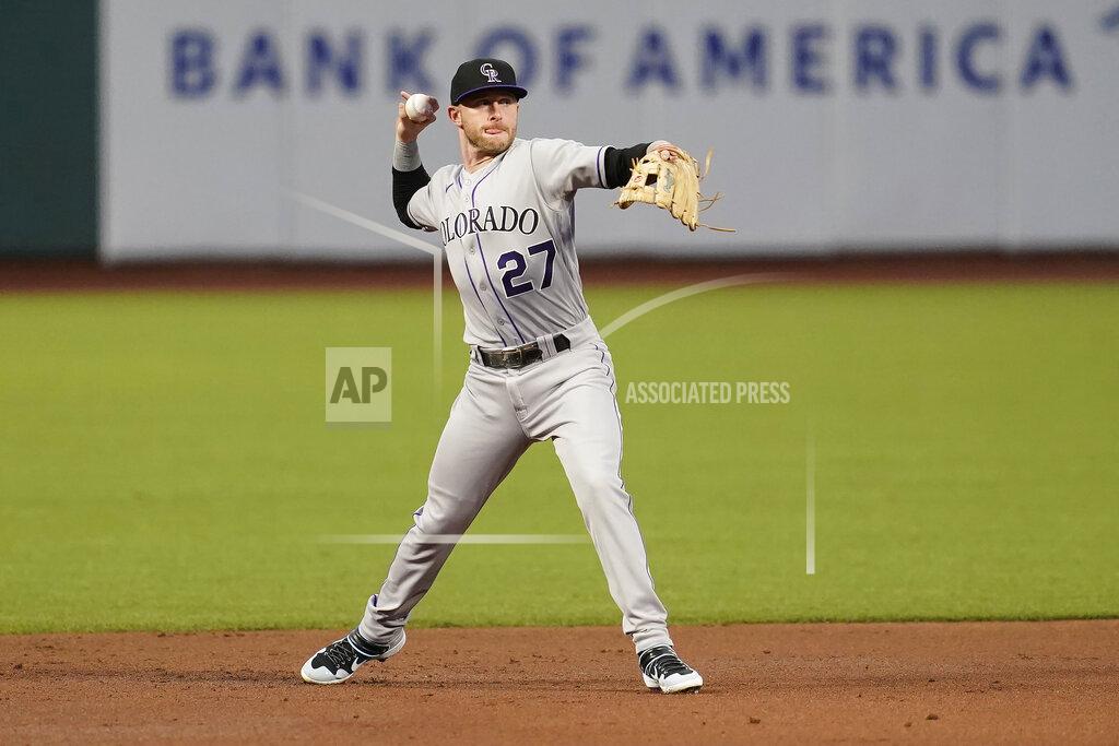 Jeff Chiu Colorado Rockies shortstop Trevor Story throws out San Francisco Giants' Wilmer Flores during the first inning of a baseball game in San Francisco, Tuesday, Sept. 22, 2020. (AP Photo/Jeff Chiu)