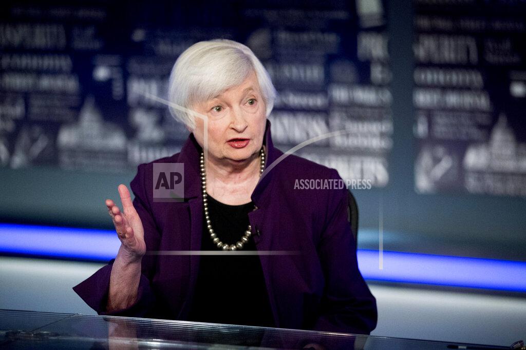 FILE - In this Aug. 14, 2019, file photo former Fed Chair Janet Yellen speaks with FOX Business Network guest anchor Jon Hilsenrath in the Fox Washington bureau in Washington. The Treasury Department reported Wednesday, March 10, 2021, that the October through February deficit was 68% larger than the $624.5 billion deficit recorded during the same period last year. (AP Photo/Andrew Harnik, File)