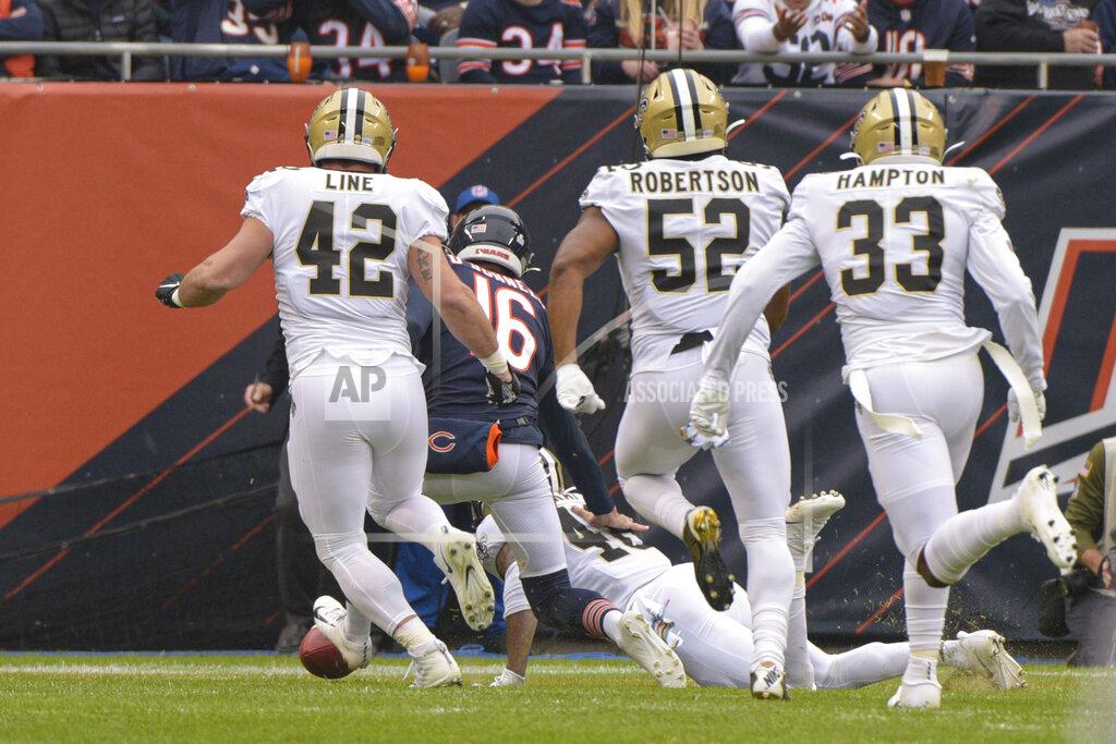 Mark Black Chicago Bears punter Pat O'Donnell (16) chases down the ball into the end zone after a blocked punt by the New Orleans Saints during the first half of an NFL football game in Chicago, Sunday, Oct. 20, 2019. The play resulted in a safety for the Saints. (AP Photo/Mark Black)