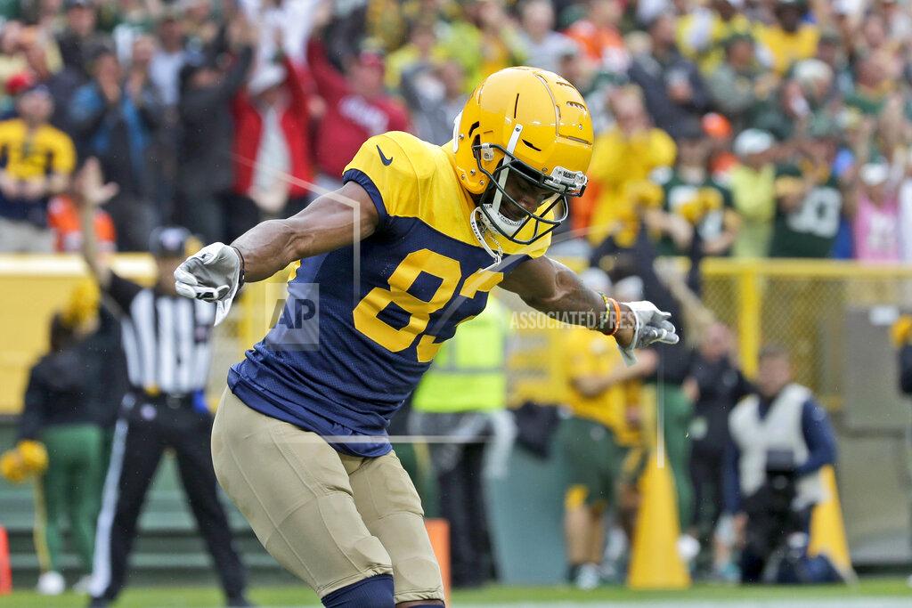 Mike Roemer Green Bay Packers wide receiver Marquez Valdes-Scantling celebrates after catching a touchdown pass during the first half of an NFL football game against the Denver Broncos, Sunday, Sept. 22, 2019, in Green Bay, Wis. (AP Photo/Mike Roemer)