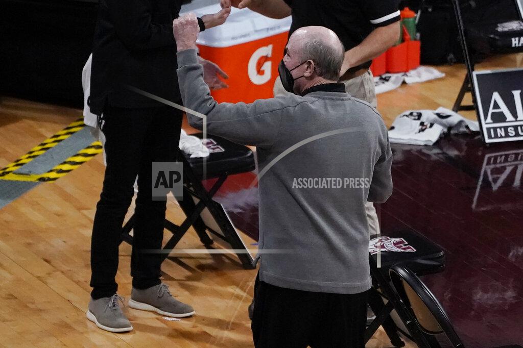 Mississippi State coach Ben Howland celebrates the team's 78-63 win over Missouri in an NCAA college basketball game, Tuesday, Jan. 5, 2021, in Starkville, Miss. (AP Photo/Rogelio V. Solis)