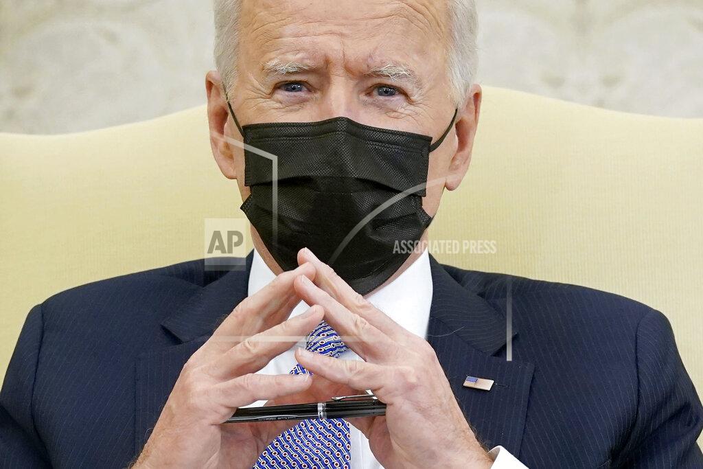 President Joe Biden speaks during a meeting with lawmakers to discuss the American Jobs Plan in the Oval Office of the White House, Monday, April 12, 2021, in Washington. (AP Photo/Patrick Semansky)