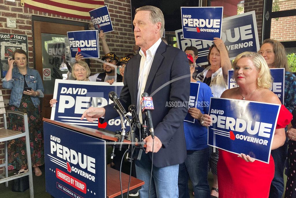 Sudhin S. Thanawala Republican candidate for Georgia governor and former U.S. Sen. David Perdue speaks in Dunwoody, Ga. on Monday, May 23, 2022. (AP Photo/Sudhin S. Thanawala)