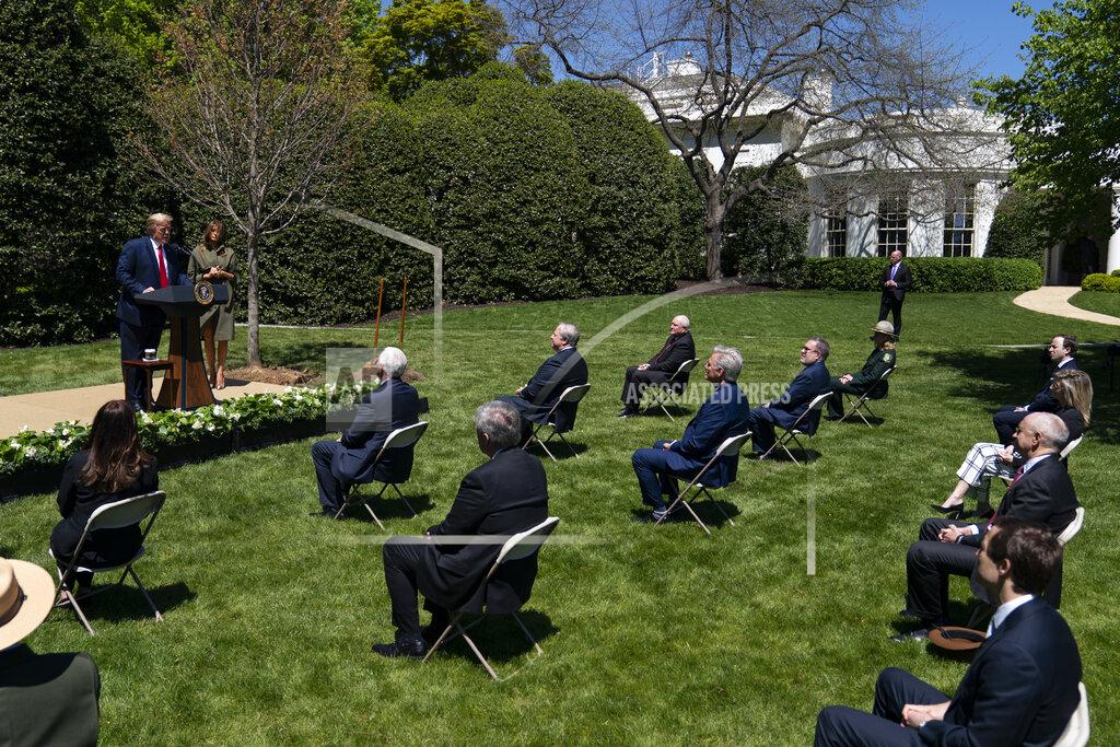 President Donald Trump and first lady Melania Trump participate in a tree planting ceremony to celebrate Earth Day, on the South Lawn of the White House, Wednesday, April 22, 2020, in Washington. (AP Photo/Evan Vucci)