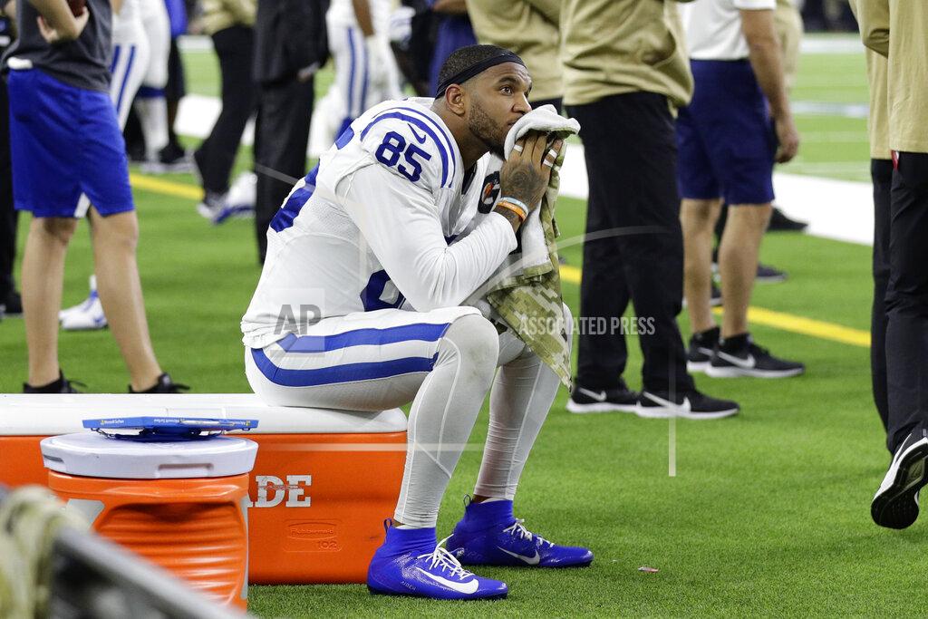 Mike Marshall Indianapolis Colts tight end Eric Ebron (85) sits on the side lines during the final moments of the second half of an NFL football game against the Houston Texans Thursday, Nov. 21, 2019, in Houston. (AP Photo/Mike Marshall)