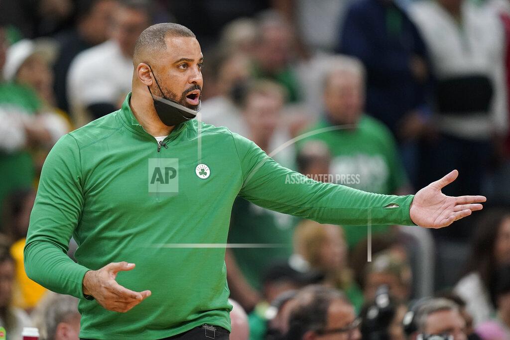 Steven Senne FILE - Boston Celtics coach Ime Udoka reacts during the fourth quarter of Game 6 of basketball's NBA Finals against the Golden State Warriors, Thursday, June 16, 2022, in Boston. The Boston Celtics are planning to discipline coach Ime Udoka, likely with a suspension, because of an improper relationship with a member of the organization, two people with knowledge of the matter told The Associated Press on Thursday, Sept. 22, 2022. (AP Photo/Steven Senne, File)