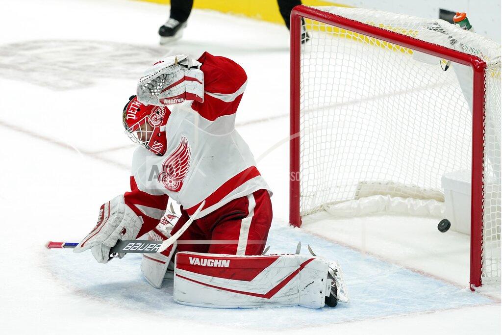 Tony Gutierrez Detroit Red Wings goaltender Thomas Greiss is unable to stop a shot by Dallas Stars' Jason Dickinson in overtime that gave the Stars the 2-1 win in an NHL hockey game in Dallas, Tuesday, Jan. 26, 2021. (AP Photo/Tony Gutierrez)