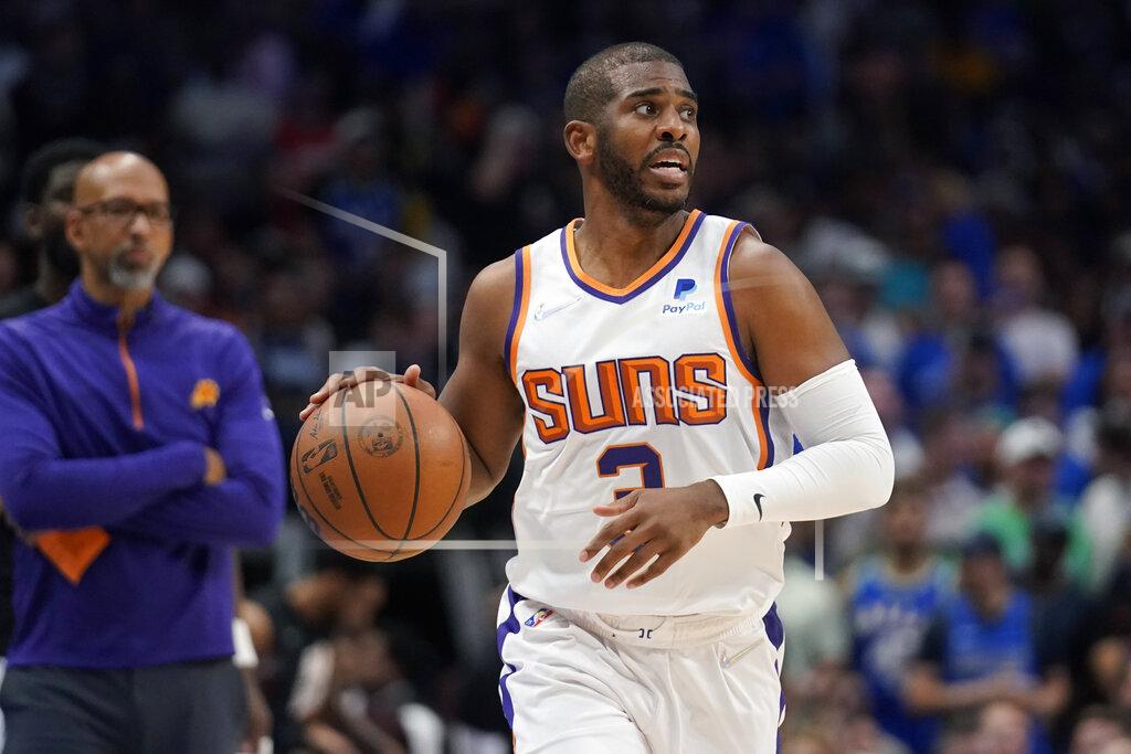 Tony Gutierrez Phoenix Suns guard Chris Paul (3) moves the ball up court against the Dallas Mavericks during the first half of Game 6 of an NBA basketball second-round playoff series, Thursday, May 12, 2022, in Dallas. (AP Photo/Tony Gutierrez)