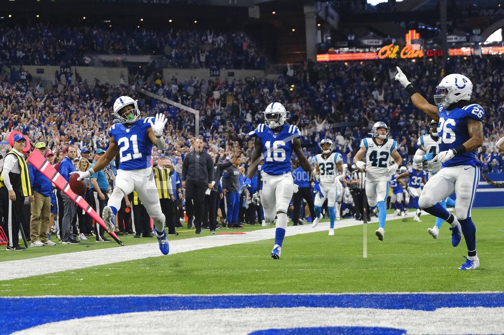 Aj Mast Indianapolis Colts' Nyheim Hines (21) celebrates as he runs back a punt for a touchdown during the second half of an NFL football game against the Carolina Panthers, Sunday, Dec. 22, 2019, in Indianapolis. (AP Photo/AJ Mast)
