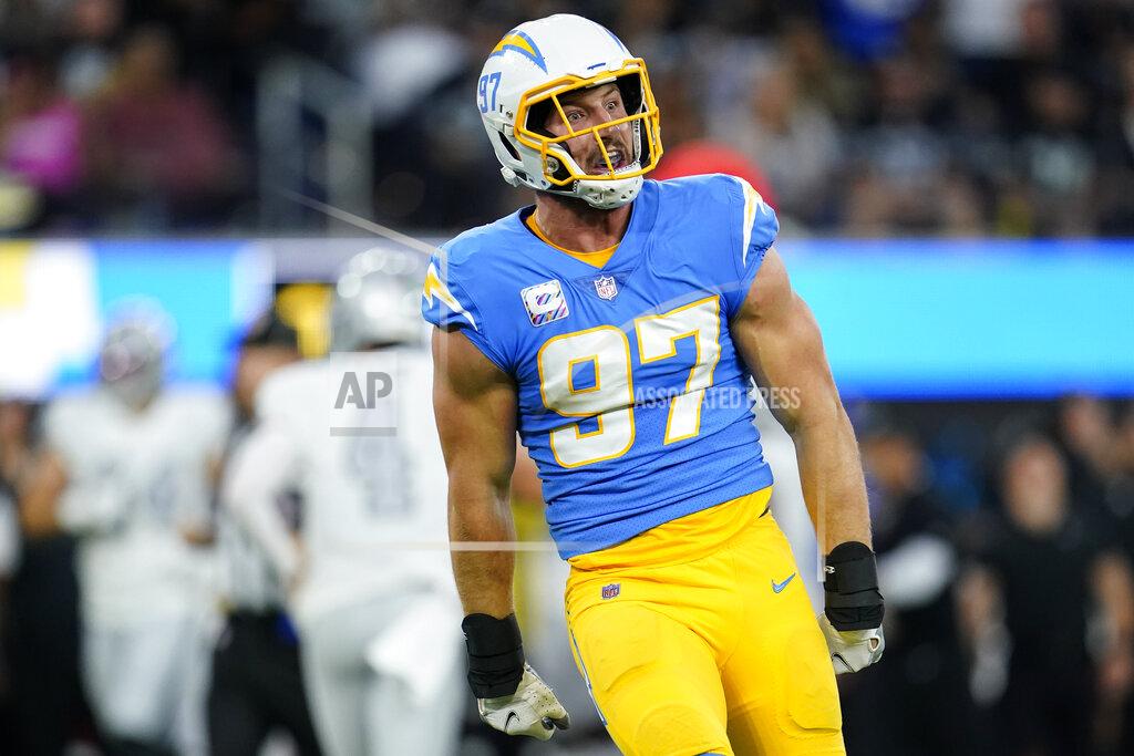 Marcio Jose Sanchez Los Angeles Chargers defensive end Joey Bosa reacts after sacking Las Vegas Raiders quarterback Derek Carr during the first half of an NFL football game Monday, Oct. 4, 2021, in Inglewood, Calif. (AP Photo/Marcio Jose Sanchez)