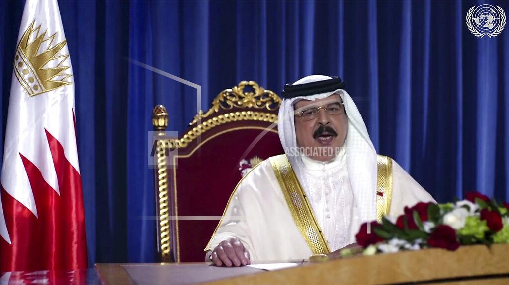 Uncredited In this image made from UNTV video, King Hamad bin Isa Al Khalifa, of Bahrain, speaks in a pre-recorded message which was played during the 75th session of the United Nations General Assembly, Thursday Sept. 24, 2020, at UN headquarters. (UNTV via AP)