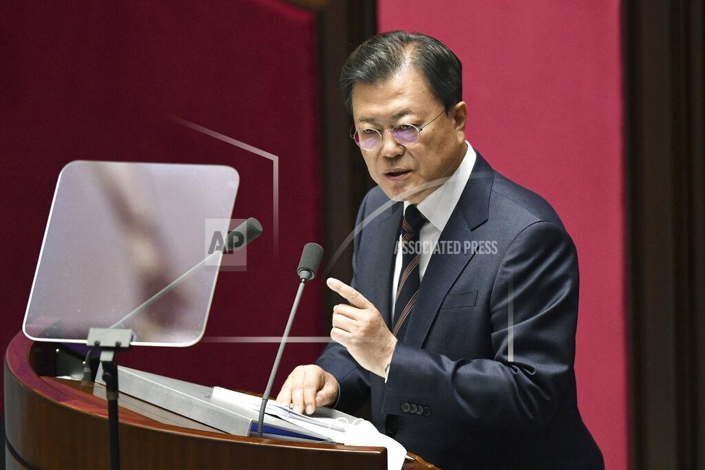 Jung Yeon-Je South Korea's President Moon Jae-in delivers a speech at the National Assembly in Seoul Monday, Oct. 25, 2021. Moon said Monday he’ll keep striving to promote peace with North Korea through dialogue until the end of his term next May, after Pyongyang raised animosities with a resumption of provocative weapons tests. (Jung Yeon-je/Pool Photo via AP)