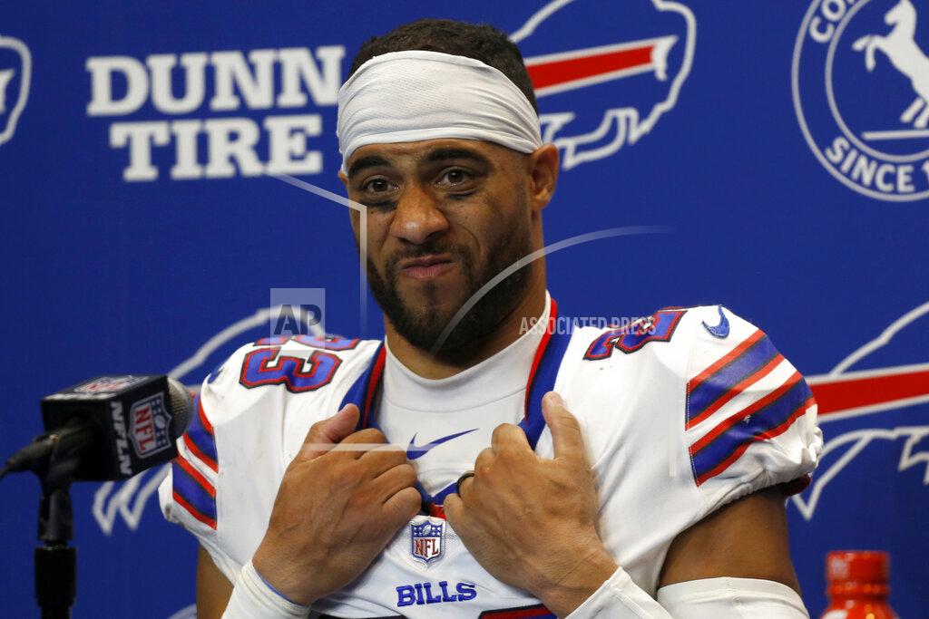Joshua Bessex Buffalo Bills strong safety Micah Hyde meets with reporters following a loss to the Pittsburgh Steelers in an NFL football game in Orchard Park, N.Y., Sunday, Sept. 12, 2021. (AP Photo/Joshua Bessex)