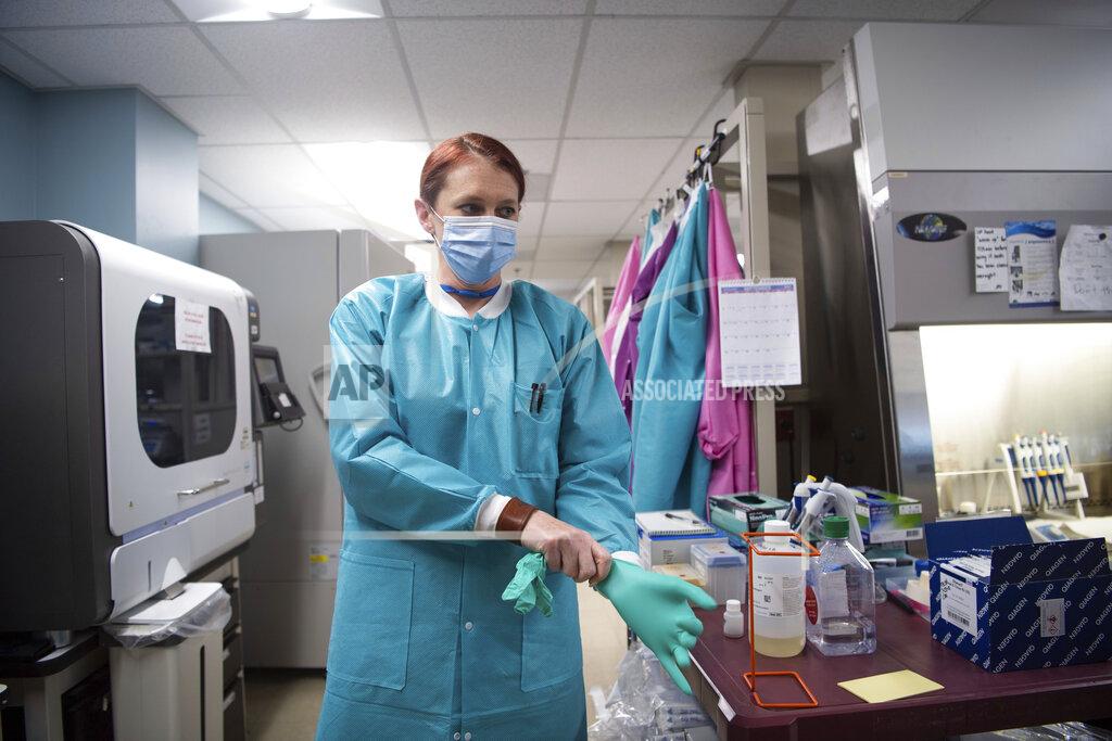 Stephanie Amador Karen Maynard, a laboratory scientist at the Tennessee public health lab, puts on rubber gloves in preparation to begin the COVID-19 genome sequencing process in Nashville, Tenn., Tuesday, Sept. 14, 2021. (Stephanie Amador/The Tennessean via AP)