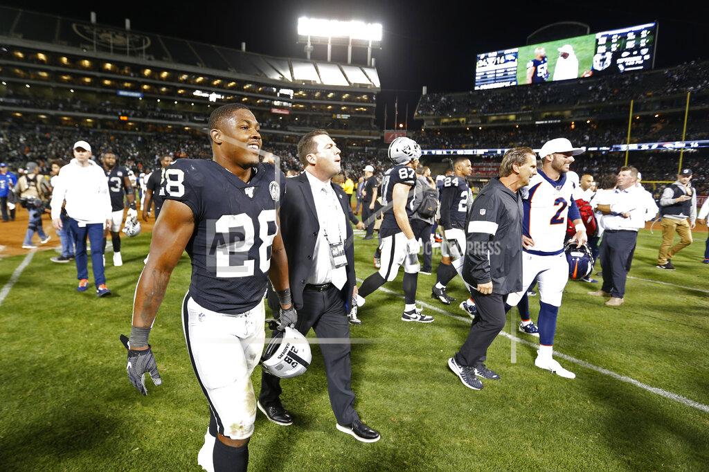 D. Ross Cameron Oakland Raiders running back Josh Jacobs (28) walks off the field at the end of an NFL football game against the Denver Broncos Monday, Sept. 9, 2019, in Oakland, Calif. Oakland won the game 24-16. (AP Photo/D. Ross Cameron)