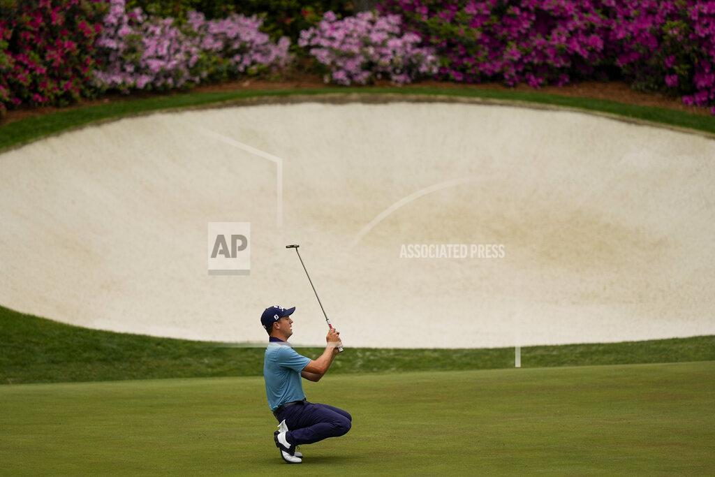 David J. Phillip Justin Thomas reacts after missing an eagle putt on the 13th green during the second round of the Masters golf tournament on Friday, April 9, 2021, in Augusta, Ga. (AP Photo/David J. Phillip)