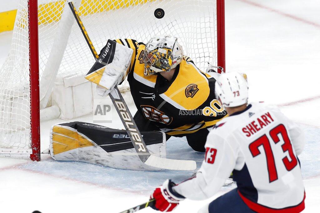 Michael Dwyer Washington Capitals' Conor Sheary (73) scores against Boston Bruins' Dan Vladar (80) during the first period of an NHL hockey game, Sunday, April 11, 2021, in Boston. (AP Photo/Michael Dwyer)