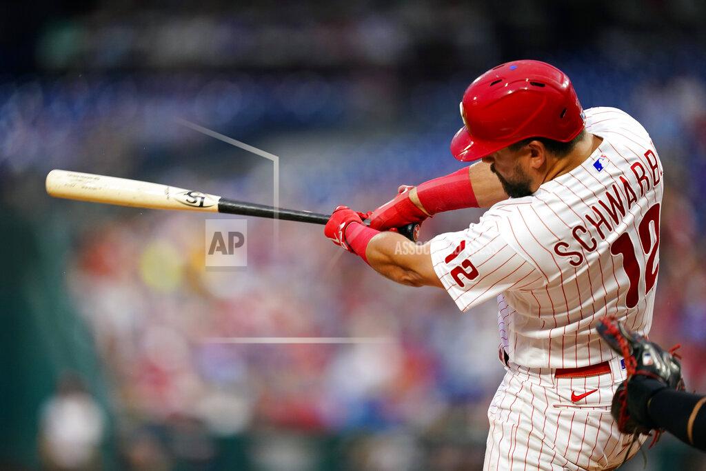 Matt Slocum Philadelphia Phillies' Kyle Schwarber follows through after hitting a home run against Washington Nationals pitcher Josiah Gray during the fourth inning of a baseball game, Wednesday, July 6, 2022, in Philadelphia. (AP Photo/Matt Slocum)