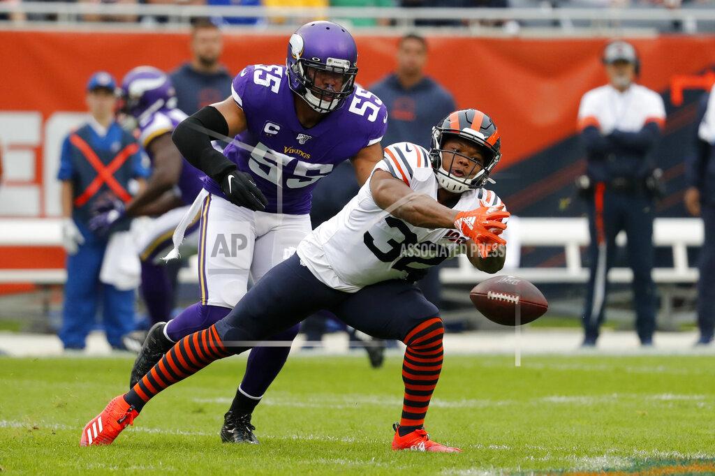 Jeff Roberson FILE - In this Sept. 29, 2019, file photo, Chicago Bears running back David Montgomery (32) is unable to catch a pass as Minnesota Vikings outside linebacker Anthony Barr defends during the half of an NFL football game, in Chicago. Whether it's Michael Trubisky or Chase Daniel behind center, the Bears have to figure out a way to get their ground game going. (AP Photo/Jeff Roberson, File)