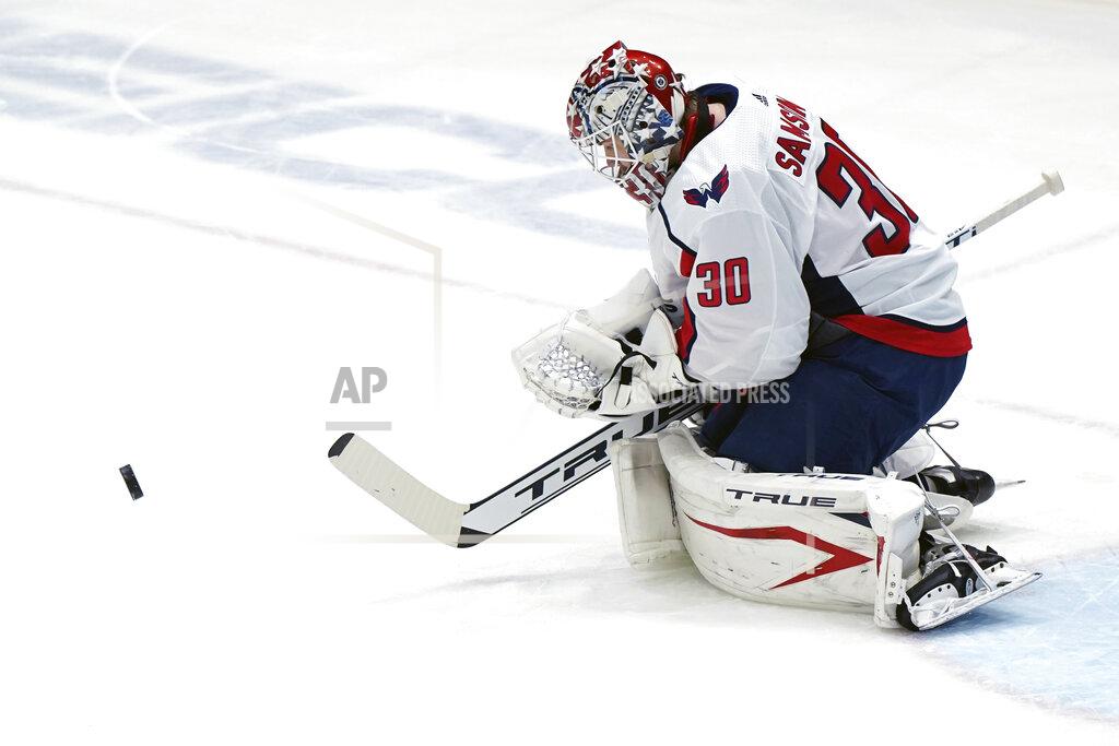 Kathy Willens Washington Capitals goaltender Ilya Samsonov makes a save during the first period of the team's NHL hockey game against the New York Islanders, Thursday, April 22, 2021, in Uniondale, N.Y. (AP Photo/Kathy Willens)
