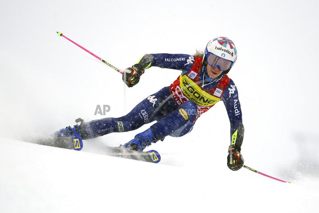 Marco Trovati Italy's Marta Bassino speeds down the course during an alpine ski, women's World Cup giant slalom in Courchevel, France, Saturday, Dec. 12, 2020. (AP Photo/Marco Trovati)