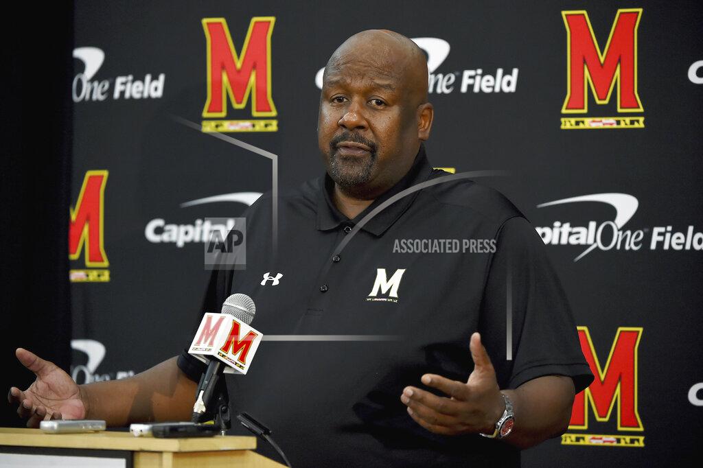 FILE - In this Aug. 2, 2019, file photo, Maryland head coach Mike Locksley addresses the media during a news conference before NCAA college football practice, in College Park, Md. Locksley launched the National Coalition for Minority Football Coaches a little more than a year ago, during a tumultuous summer of racial reckoning in the United States. The timing wasn’t part of Locksley’s plan. Long before the death of George Floyd sparked protests across the country, the veteran coach had envisioned an organization that could address a problem that has plagued college football for decades: A dearth of Black and other minority head coaches.(AP Photo/Will Newton, File)