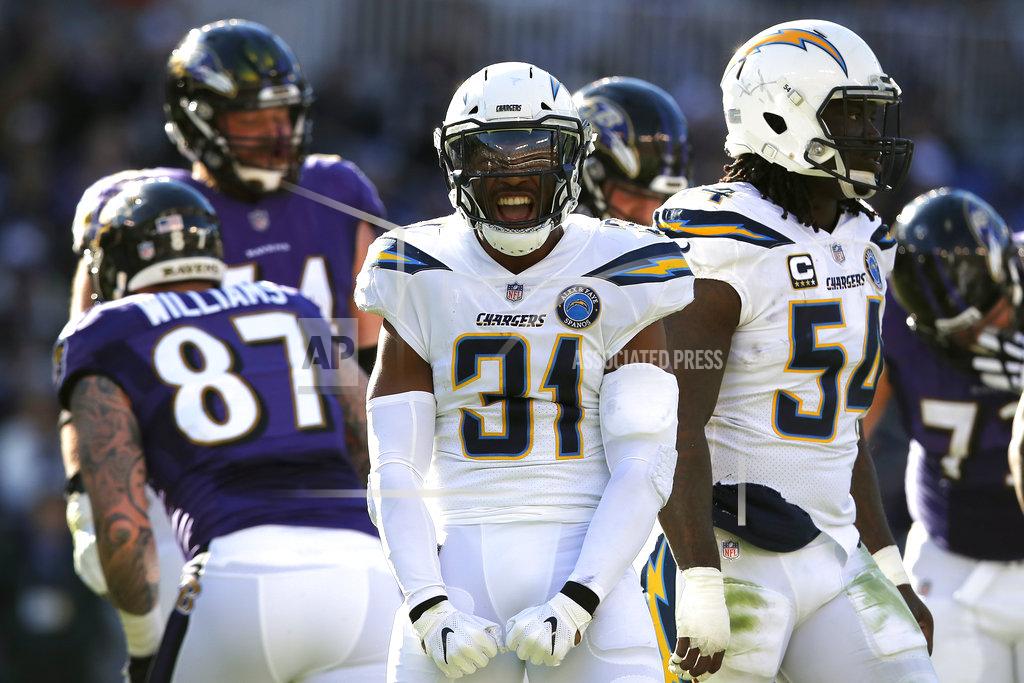 Carolyn Kaster Los Angeles Chargers defensive back Adrian Phillips (31) reacts after a play in the first half of an NFL wild card playoff football game against the Baltimore Ravens, Sunday, Jan. 6, 2019, in Baltimore. (AP Photo/Carolyn Kaster)