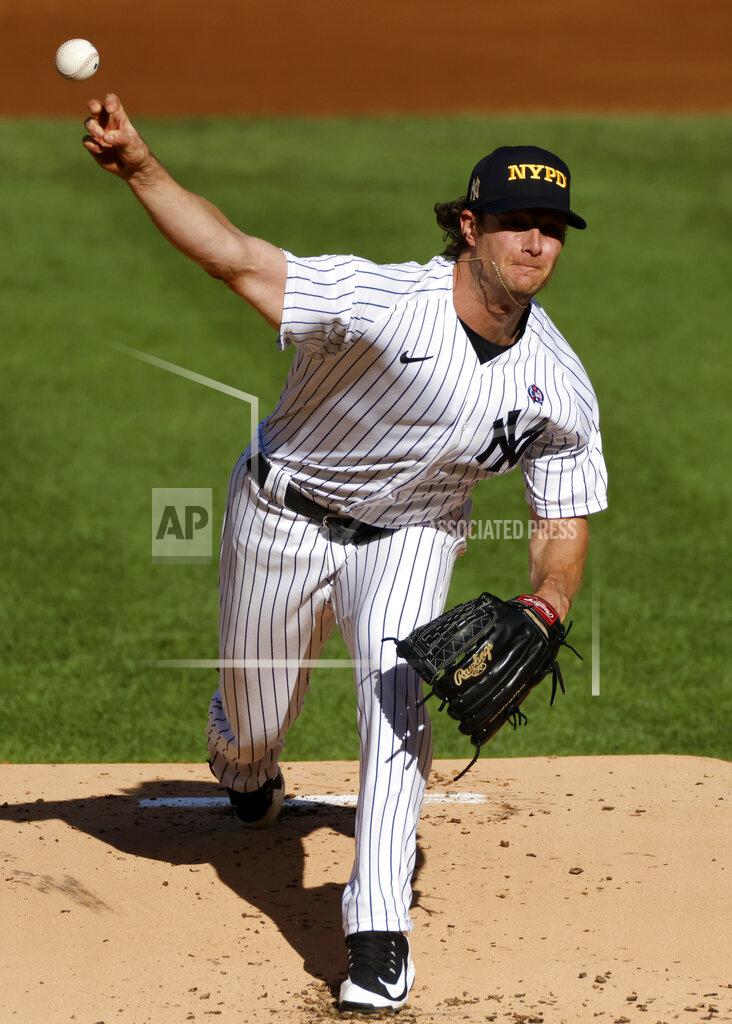 Adam Hunger New York Yankees pitcher Gerrit Cole delivers a pitch during the first inning of the first baseball game of a doubleheader against the Baltimore Orioles, Friday, Sept. 11, 2020, in New York. (AP Photo/Adam Hunger)