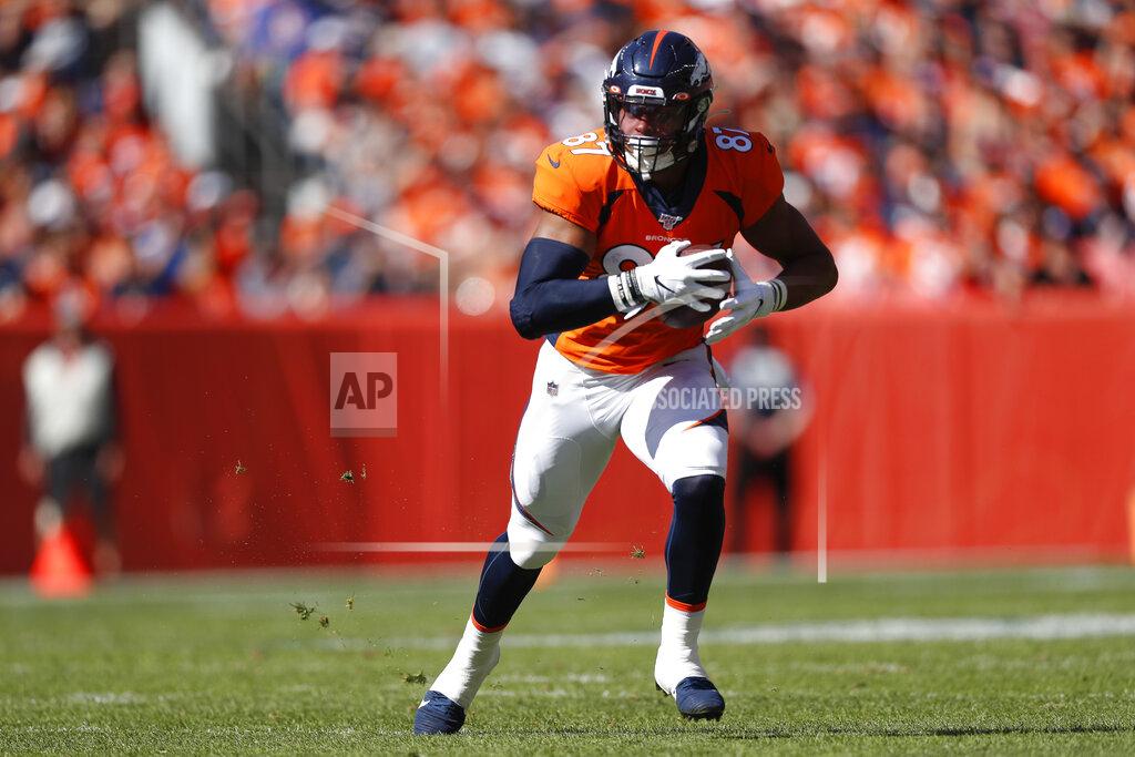 David Zalubowski Denver Broncos tight end Noah Fant runs for a touchdown during the first half of an NFL football game against the Jacksonville Jaguars, Sunday, Sept. 29, 2019, in Denver. (AP Photo/David Zalubowski)