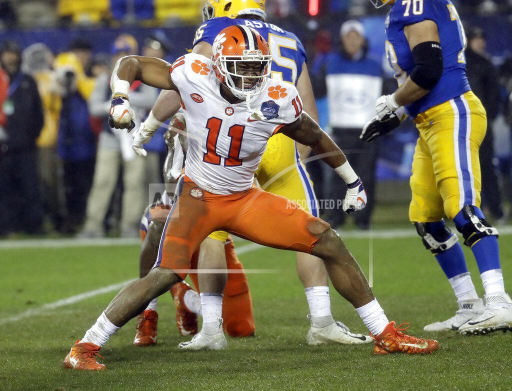 Chuck Burton FILE - In this Dec. 1, 2018, file photo, Clemson's Isaiah Simmons (11) reacts after making a play against Pittsburgh in the first half of the Atlantic Coast Conference championship NCAA college football game in Charlotte, N.C. Simmons was chosen by the Arizona Cardinals with the eighth pick in the NFL draft Thursday, April 23, 2020. (AP Photo/Chuck Burton, File)