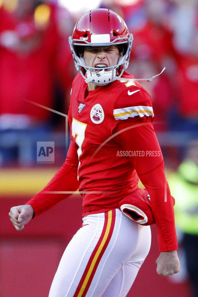 Colin E. Braley Kansas City Chiefs kicker Harrison Butker (7) celebrates his winning field goal against the Minnesota Vikings during the second half of an NFL football game in Kansas City, Mo., Sunday, Nov. 3, 2019. (AP Photo/Colin E. Braley)