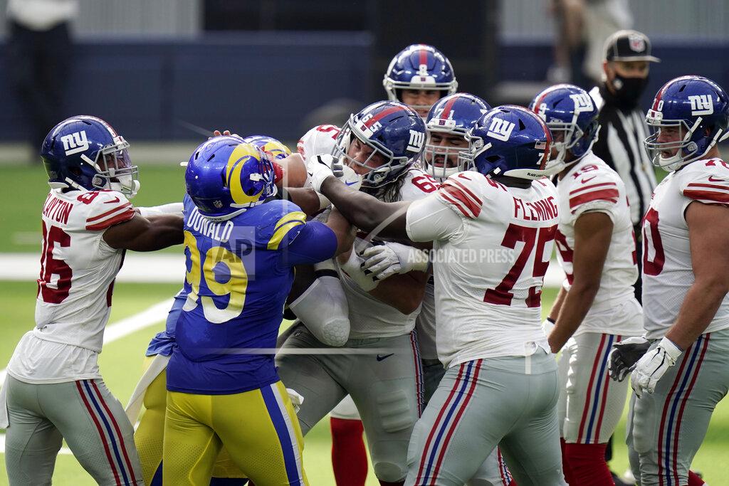 Jae C. Hong Members of the Los Angeles Rams and New York Giants get into a shoving match during the second half of an NFL football game Sunday, Oct. 4, 2020, in Inglewood, Calif. (AP Photo/Jae C. Hong)