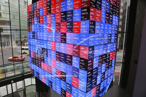 An electronic stock board is displayed at a conference hall in Tokyo, Wednesday, Oct. 27, 2021. Asian stock markets fell Wednesday after Australian inflation increased, highlighting global pressure for prices to rise, while investors looked ahead to U.S. economic growth data due out this week. (AP Photo/Koji Sasahara)