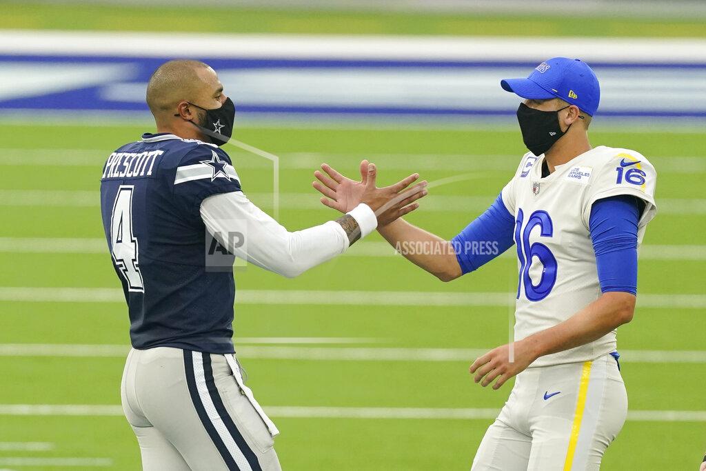 Ashley Landis Dallas Cowboys quarterback Dak Prescott (4) shakes hands with Los Angeles Rams quarterback Jared Goff (16) before the start of an NFL football game Sunday, Sept. 13, 2020, in Inglewood, Calif. (AP Photo/Ashley Landis)