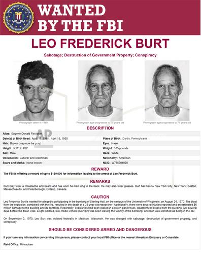This image provided by the FBI shows Leo Frederick Burt. More than 50 years after a bombing on the University of Wisconsin campus that killed a researcher, the FBI on Thursday, Aug. 31, 2023 released age-processed photographs of Burt, a suspect who has evaded law enforcement for more than half a century. (FBI via AP)