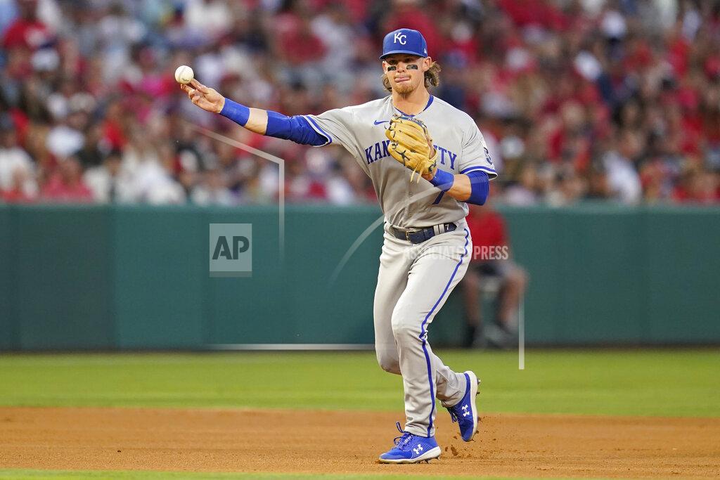 Ashley Landis Kansas City Royals shortstop Bobby Witt Jr. (7) throws to first to out Los Angeles Angels' Andrew Velazquez during the third inning of a baseball game in Anaheim, Calif., Wednesday, June 22, 2022. (AP Photo/Ashley Landis)